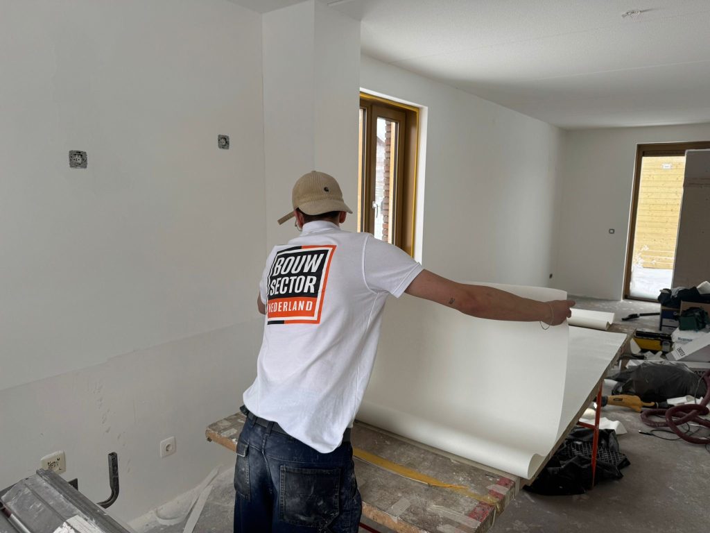 Vakman van Bouwsector Nederland houdt een baan renovlies op in een kale nieuwbouwkamer